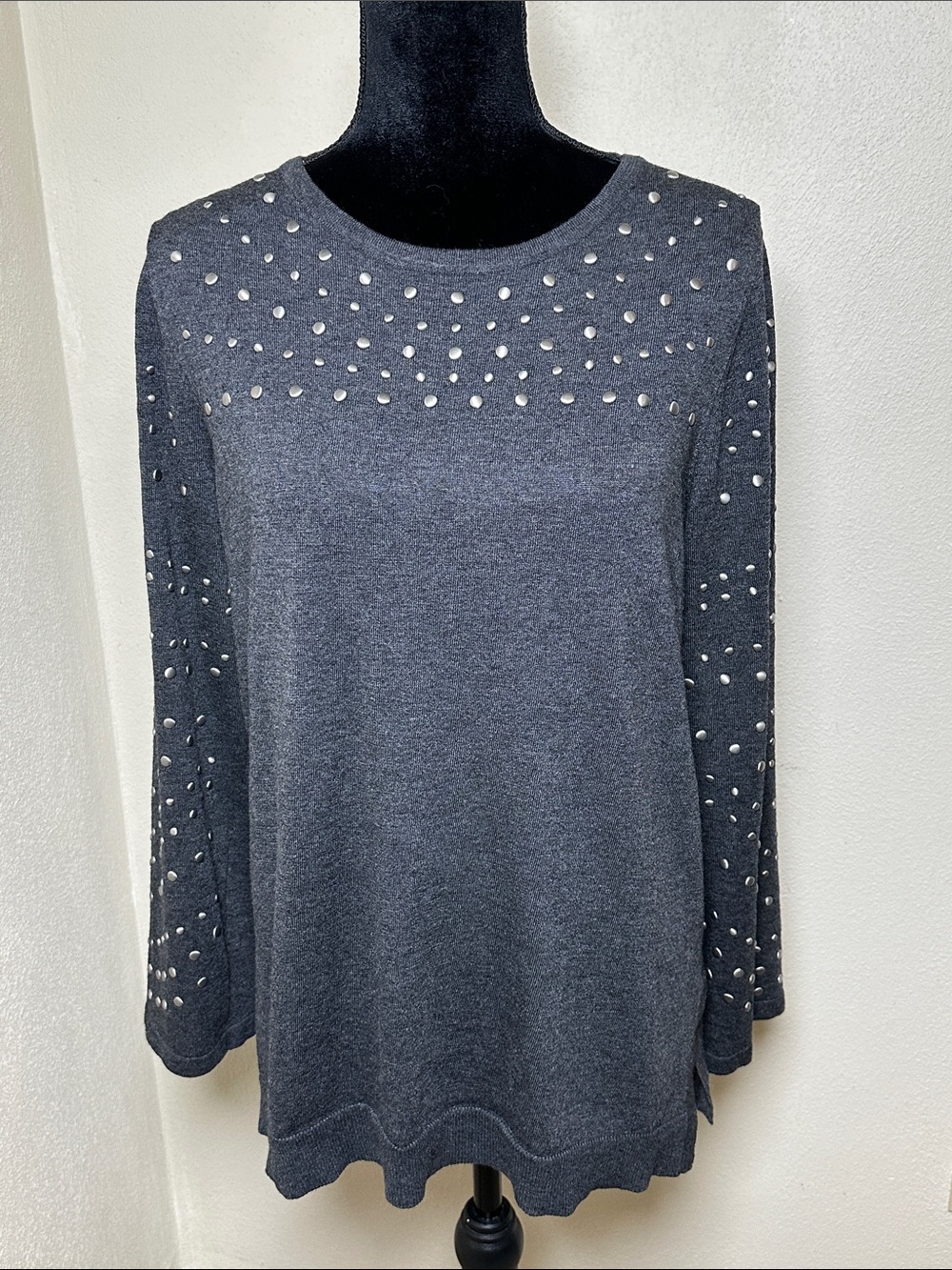 Chico's Dark Gray Crewneck Sweater with Metallic Stud Details Sz L (2)